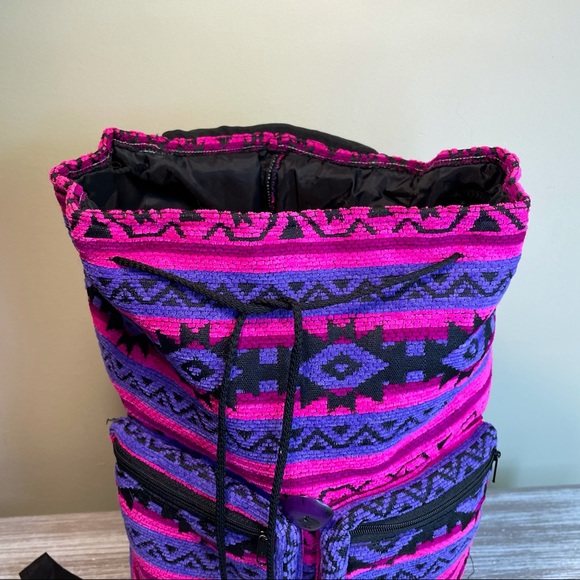 Aztec Women's Bag Drawstring Backpack Adjustable With Pockets Pink Purple Boho - Picture 8 of 14